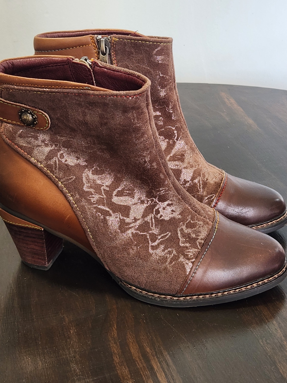 L'Artiste Spring Step Socute Floral Suede &Leather Ankle Boots Brown Sz 39/8.5
